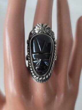 Vintage (1930s-40s) Mexican Sterling Ring w/Carved Onyx Aztec/Mayan Face Mask